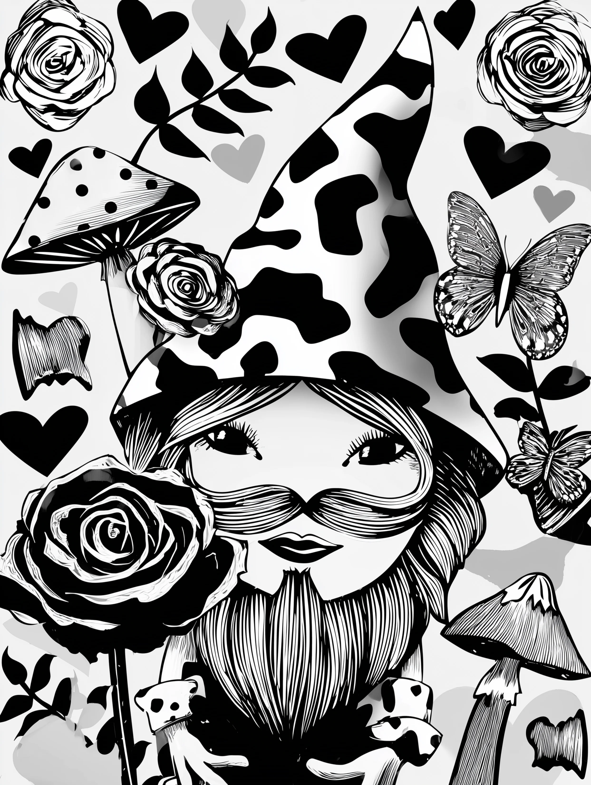 Free printable gnome coloring page for adults featuring a gnome behind a rose